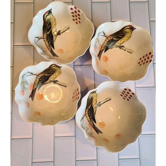 Anthropologie "On Safari" Soup/Cereal Bowls Scalloped Edge Birds Set of 4, EUC - Picture 4 of 9